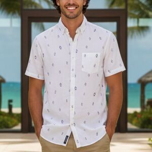 Denim & Flower White Nautical Print Men's Shirt Size Small